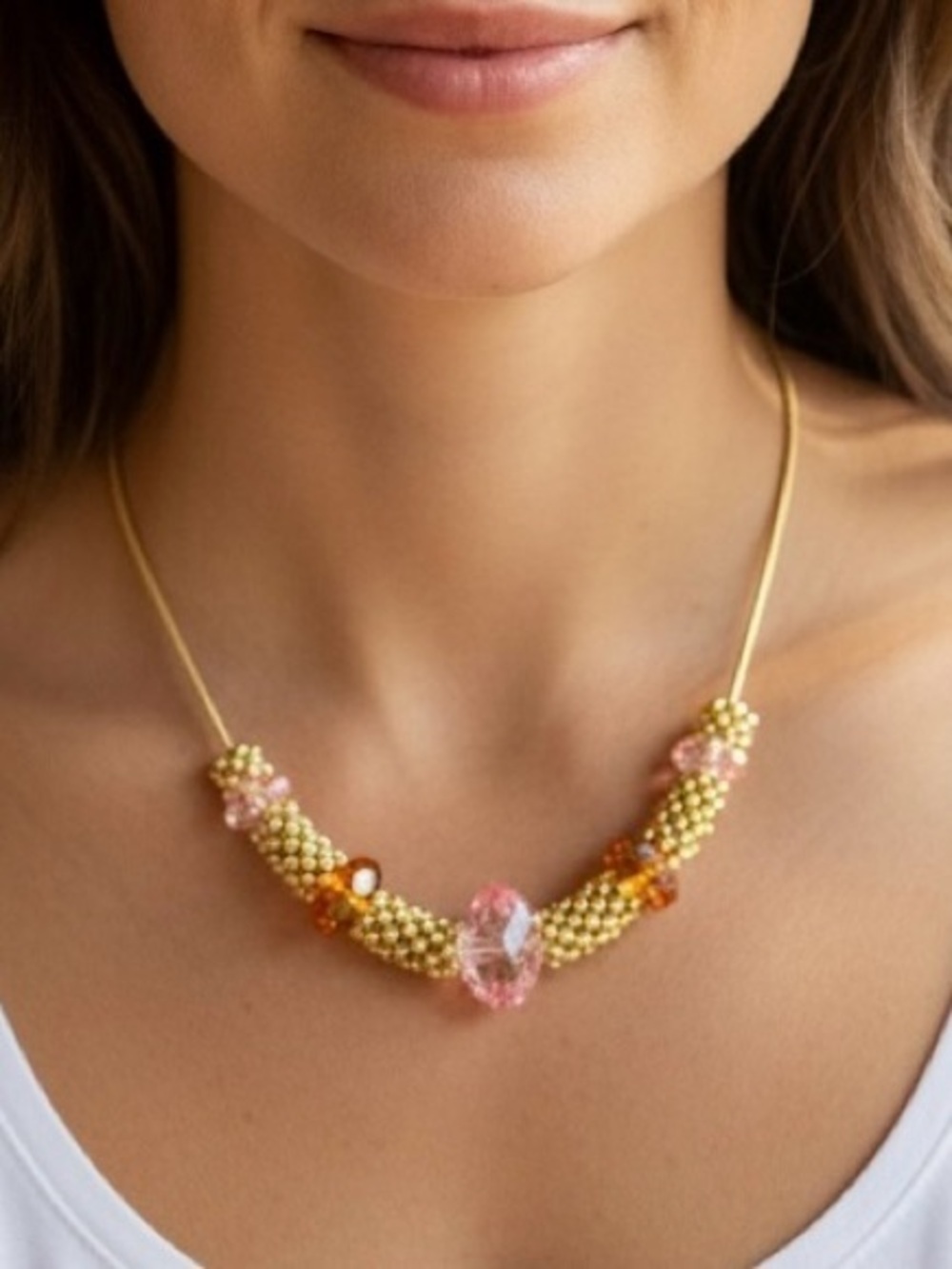 Gold and Pink Beaded Necklace - Women's Jewelry